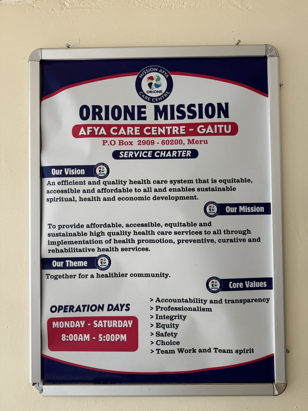The service charter of the Orione Mission Afya Care Centre, Gaitu