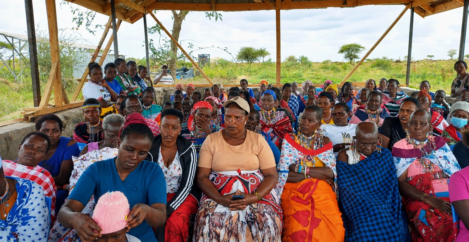 Maasai women gathered under the shelter of the Isineti Project, Kajiado County